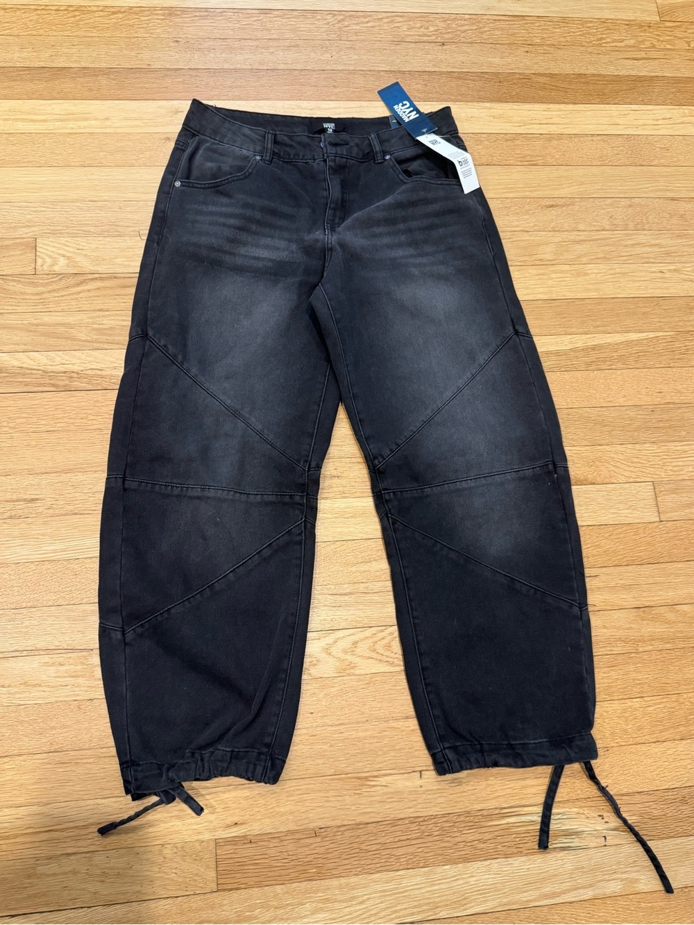 Woven Black Women's Jeans with Drawstring Hem